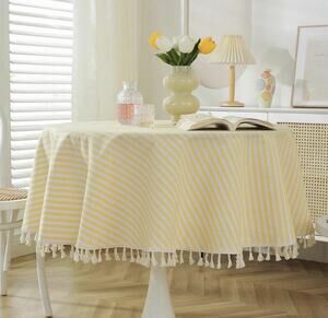 Meioro Round Tablecloth Stripe Tassel Table Cloth Cotton 60" (Round), Yellow
